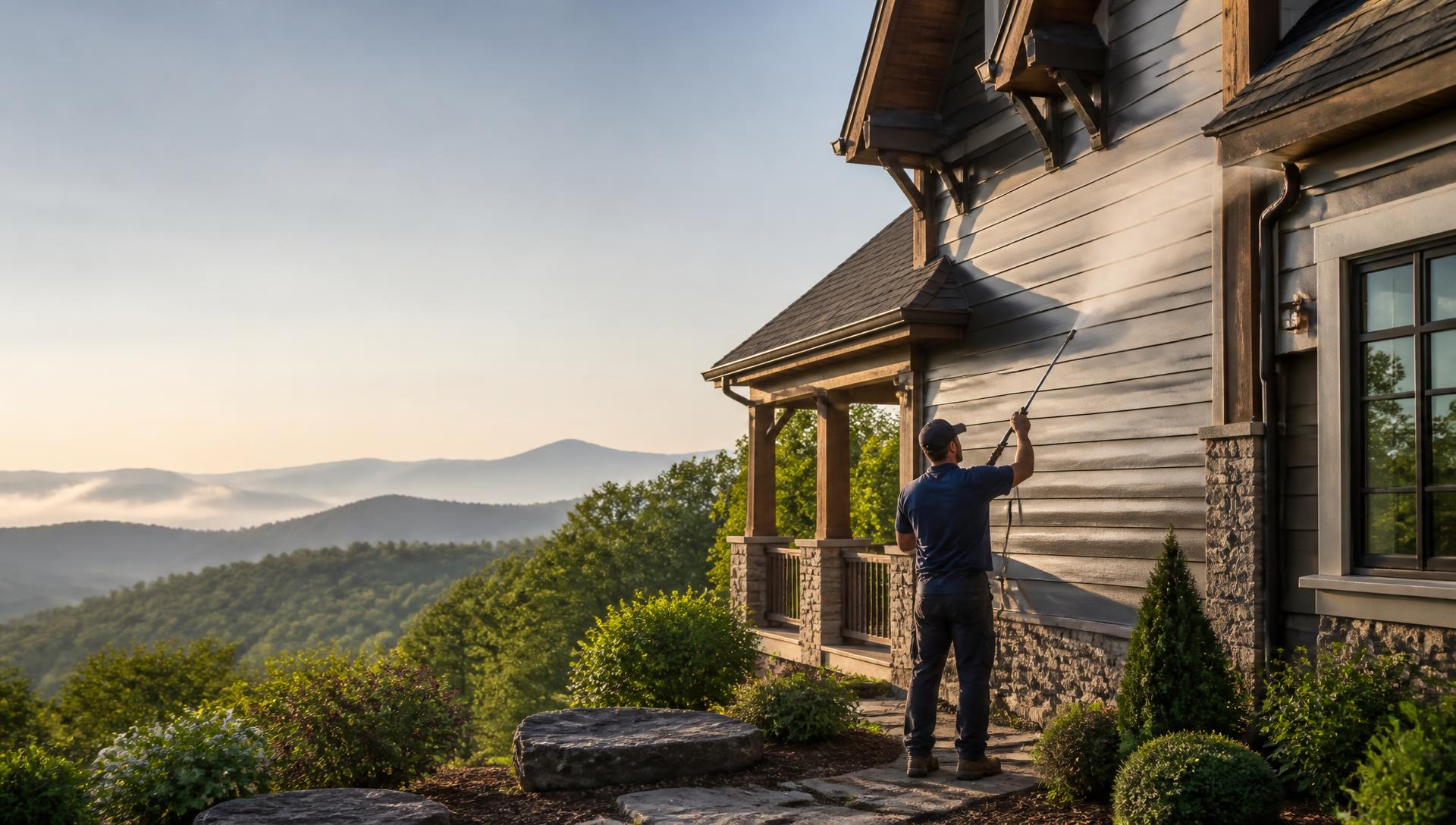 Highlands Hydro Clean technician soft washing a mountain home in Western North Carolina